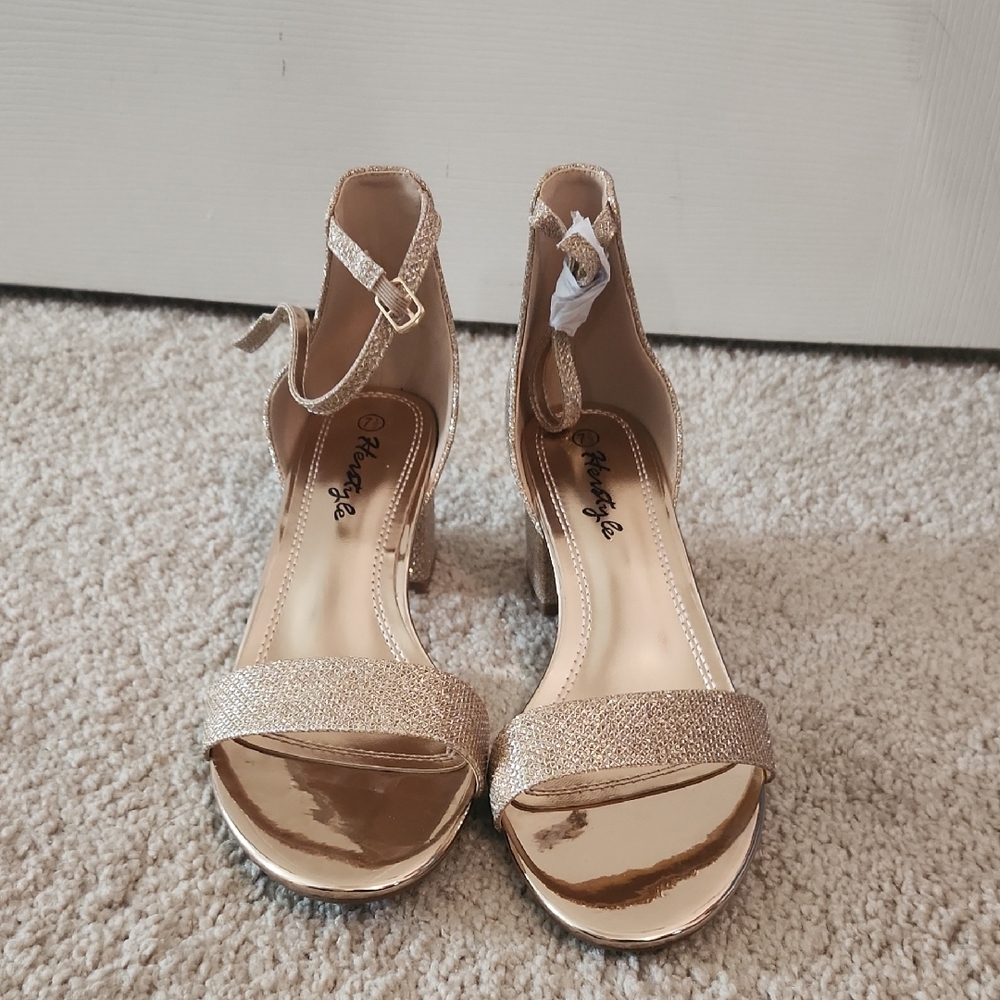 Glittering Gold Ankle Strap Chunky Heels